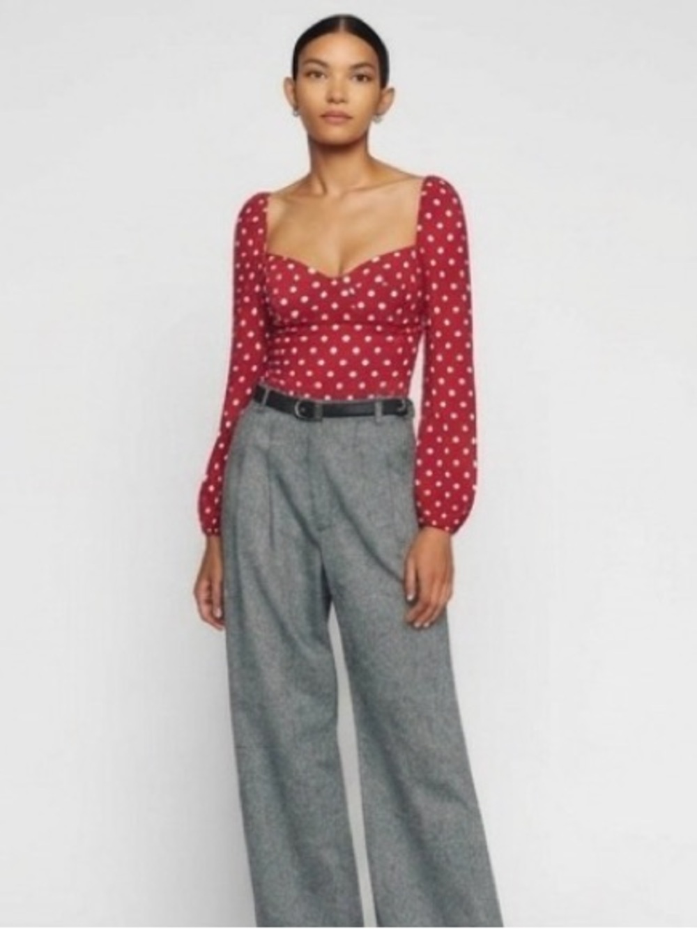Reformation Red Polka Dot Square-Neck Long Sleeve Top